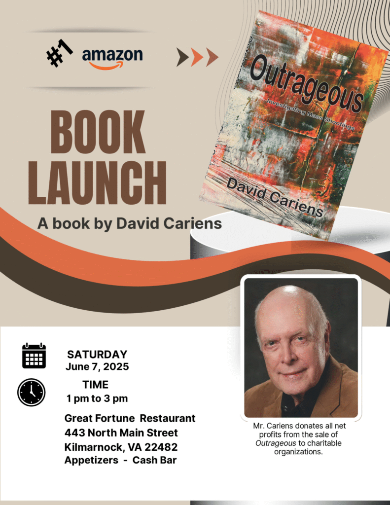 Event flyer:
Book Launch - A book by David Cariens
Saturday, June 7, 2025, 1-3p at Great Fortune Restaurant (443 North Main St, Kilmarnock)