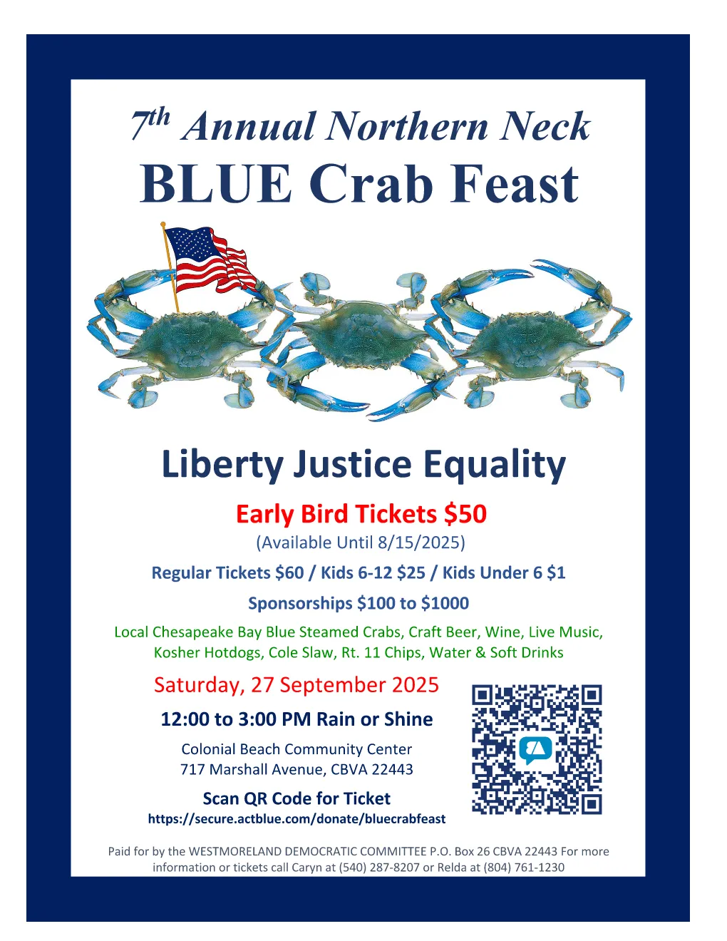 7th Annual Northern Neck Blue Crab Feast supports candidates; buy tickets today!