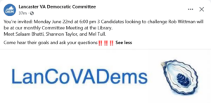 You’re invited: Monday June 22nd at 6:00 pm 3 Candidates looking to challenge Rob Wittman will be at our monthly Committee Meeting at the Library. Meet Salaam Bhatti, Shannon Taylor, and Mel Tull. Come hear their goals and ask your questions‼️‼️‼️