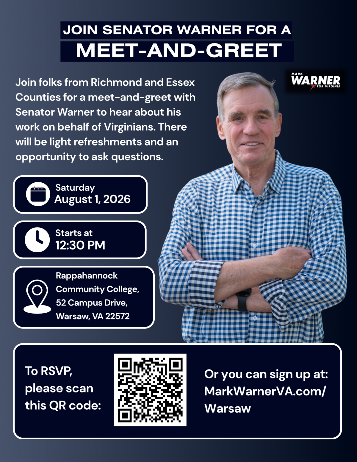 Join Senator Warner for a Meet-and-Greet Saturday, Aug. 1