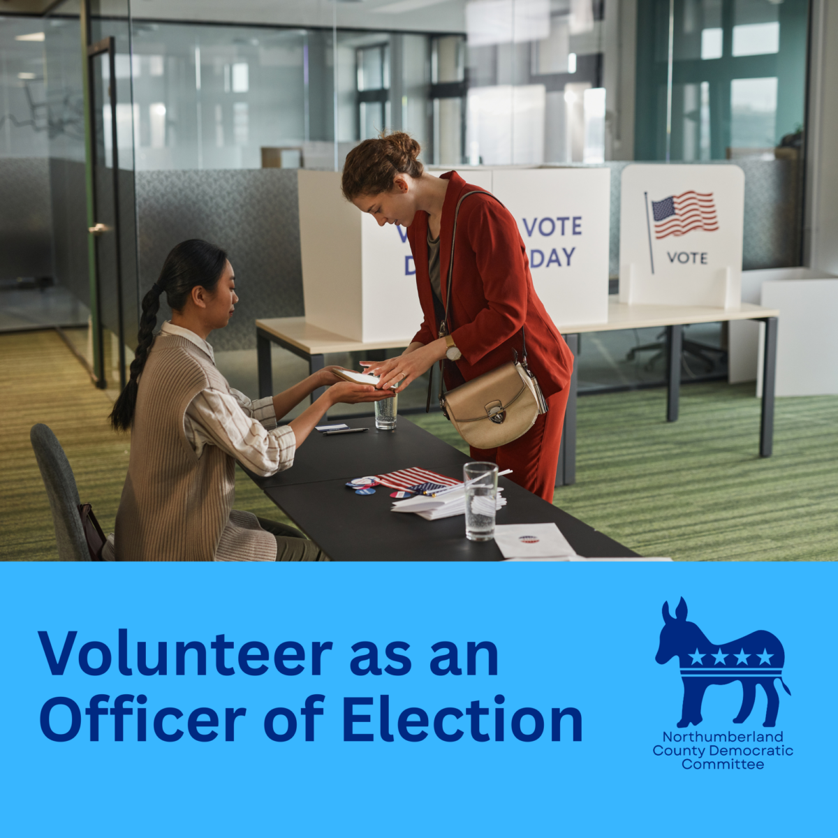 Woman signing in to vote; Volunteer as an Officer of Election